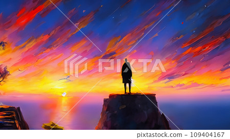 A realistic painting of a beautiful sunset and a silhouette of a person standing on a cliff 109404167