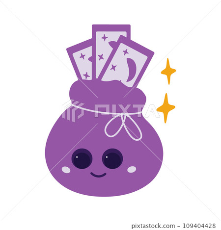 Cute character pouch with Tarot cards for fortune telling and decorative stars. Happy magic day Cute character pouch with Tarot cards for fortune telling and decorative stars. Happy magic day 109404428