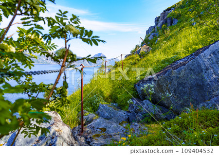 Old Wooden Ladder on Health Path Through Norwegian Mountain Landscape Old Wooden Ladder on Health Path Through Norwegian Mountain Landscape 109404532