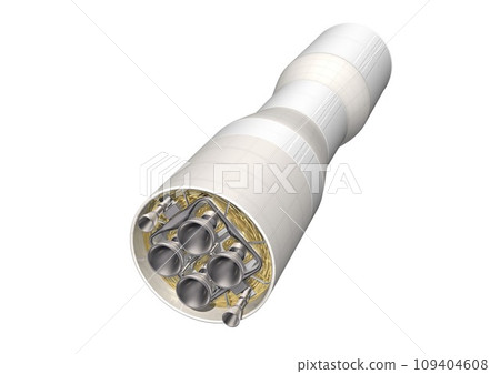 Rocket separation part for launching artificial satellites, probes, etc. Single white background (3DCG image) Rocket separation part for launching artificial satellites, probes, etc. Single white background (3DCG image) 109404608