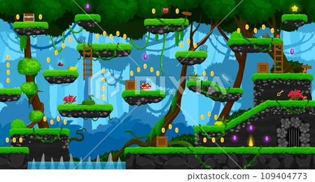 Arcade jungle forest game level map interface with platforms and coins, cartoon vector. Jungle lianas and flowers, stairs and trees with treasure award and bonus assets for game level layout template 109404773