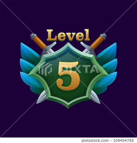 Game 5 level badge on shield with swords for GUI interface, vector trophy award icon. 5 level popup badge with blue wings and daggers for video game arcade next level achievement or gamer rank award 109404788