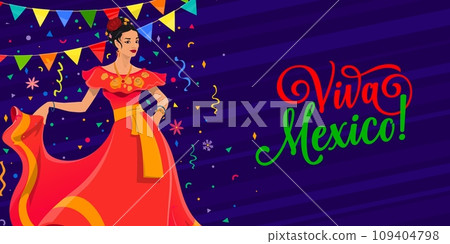 Viva Mexico banner with dancing woman and holiday confetti. Vector greeting card for fiesta celebration with lively flamenco dance, honoring Mexican culture with joyous rhythms and the spirit of unity Viva Mexico banner with dancing woman and holiday confetti. Vector greeting card for fiesta celebration with lively flamenco dance, honoring Mexican culture with joyous rhythms and the spirit of unity 109404798