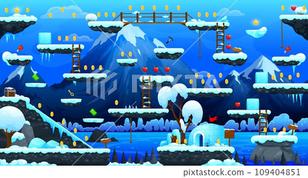 Arcade winter mountains game level map interface. Ice platforms and golden coins, stairs and food. Mobile game environment vector landscape, retro gaming arcade scenery with snowy platforms in arctic 109404851