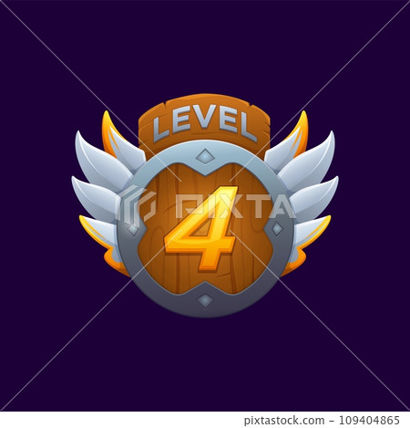 Game level badge, cartoon vector reward icon featuring round wooden shield, steel outspread wings and glowing number four. Isolated app ui element. Successful fourth level prize button, winner award 109404865
