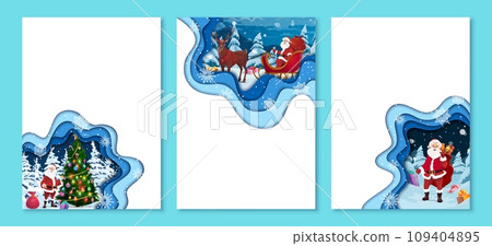 Christmas paper cut banners. Cartoon santa with gifts bag, sleigh and pine tree. Vector holiday greeting card templates with funny Father Noel stand near decorated spruce and deliver presents to kids Christmas paper cut banners. Cartoon santa with gifts bag, sleigh and pine tree. Vector holiday greeting card templates with funny Father Noel stand near decorated spruce and deliver presents to kids 109404895