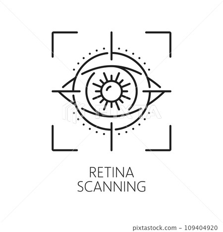 Retina scanning biometric identification, recognition and verification icon. Isolated vector linear sign, featuring eye inside of snap shot frame. Futuristic symbol of cutting-edge security technology 109404920