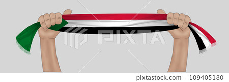 3D Flag on ribbon in hand 109405180