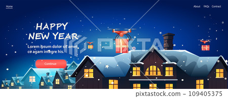 delivery drones carrying gift present boxes on snowy roofs merry christmas happy new year winter holidays airmail concept 109405375
