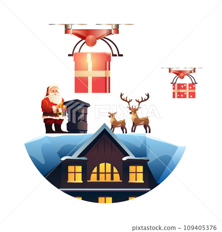 santa claus with delivery drones carrying gift box on snowy house roof merry christmas happy new year winter holidays airmail concept 109405376