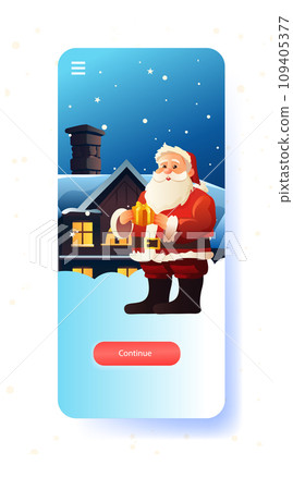 santa claus in red costume and hat holding wrapped gift box at night city street christmas eve holiday happy new year celebration template santa claus in red costume and hat holding wrapped gift box at night city street christmas eve holiday happy new year celebration template 109405377