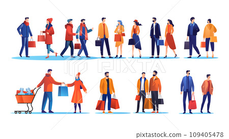people in winter clothes holding shopping bags season big sale special offer promotion discount horizontal full length 109405478