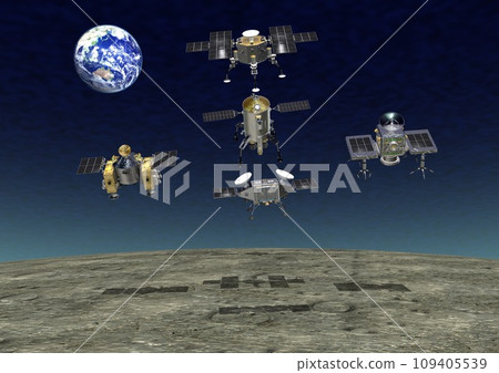 Image of competition between Japanese and other countries' spacecraft heading for the moon surface (3DCG) 109405539