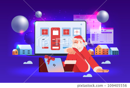 santa claus in red costume choosing gifts in online shopping app on laptop happy new year merry christmas holidays celebration concept santa claus in red costume choosing gifts in online shopping app on laptop happy new year merry christmas holidays celebration concept 109405556