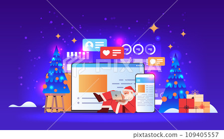 santa claus in red costume using chatting apps online communication social media network happy new year merry christmas holidays celebration santa claus in red costume using chatting apps online communication social media network happy new year merry christmas holidays celebration 109405557
