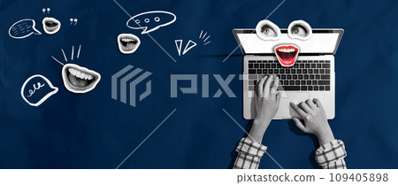 Person using a laptop computer with eyes and mouth - Photo collage 109405898