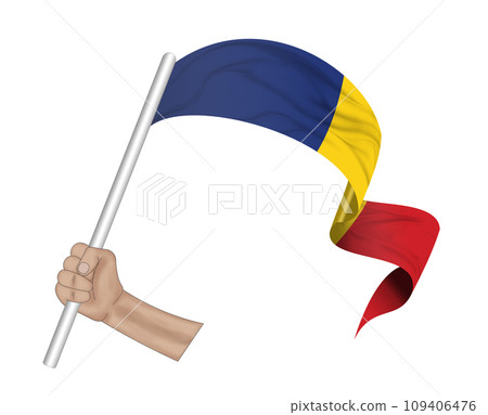 3D Flag on ribbon in hand 109406476