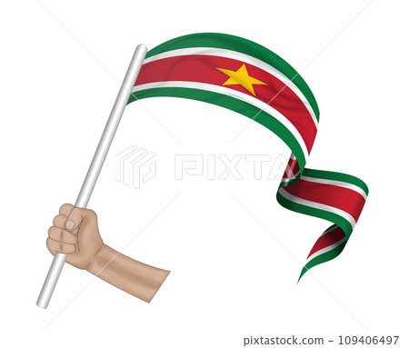 3D Flag on ribbon in hand 109406497