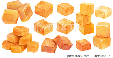 各種焦糖材料的集合,水彩插圖 各種焦糖材料的集合,水彩插圖 109408626