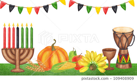 Banner Kwanzaa. African-American holiday. Kinara, seven burning candles, red black green map cup drum gift harvest. Hand drawn watercolor illustration isolated background. Banner Kwanzaa. African-American holiday. Kinara, seven burning candles, red black green map cup drum gift harvest. Hand drawn watercolor illustration isolated background. 109408909