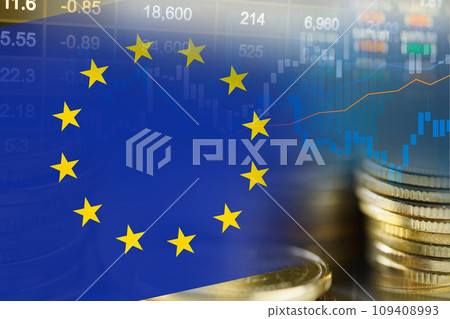 Stock market investment trading financial, coin and EU flag or Forex for analyze profit finance business trend data background. 109408993