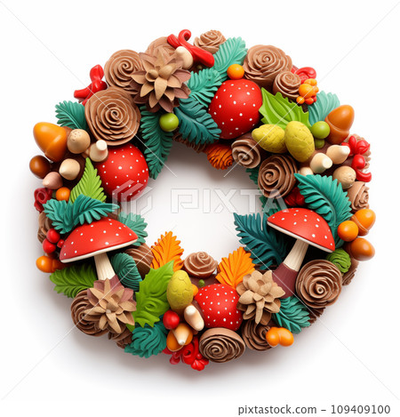 Christmas release of colorful mushrooms made of clay. AI generated image 109409100
