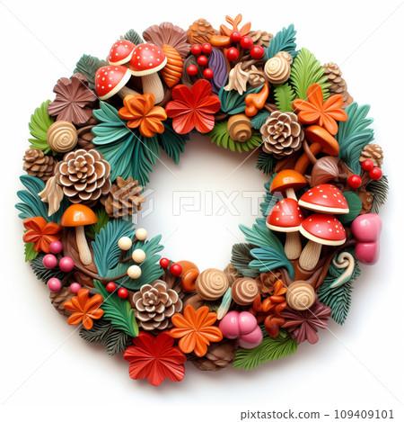 Christmas release of colorful mushrooms made of clay. AI generated image 109409101