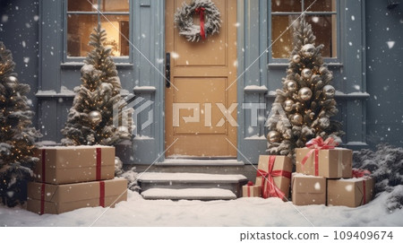 AI-generated content. Delivered parcel box on door mat near winter snow entrance. Christmas online shopping. Black Friday sale. 109409674
