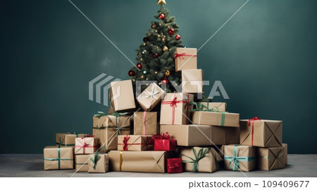 AI-generated content. Delivered pile of parcel boxes under Christmas tree. Christmas online shopping. Black Friday sale. AI-generated content. Delivered pile of parcel boxes under Christmas tree. Christmas online shopping. Black Friday sale. 109409677