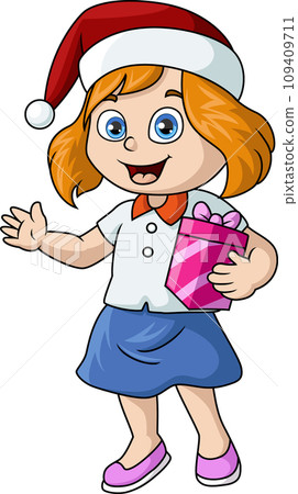 Cute little girl cartoon holding gift 109409711