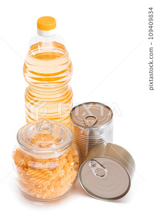 Food Reserves: Canned Food, Spaghetti, Pate, Tuna, Tomato Juice, Pasta, Fish and Grocery - Isolated 109409834