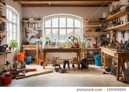 A bright room with large windows filled with DIY tools A bright room with large windows filled with DIY tools 109409894