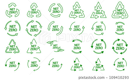 Icon collection with zero emission symbol concept. greenhouse gas carbon credit design set. recycle protect ecological green vector. carbon net zero neutral natural. renewable carbon footprint art  109410293