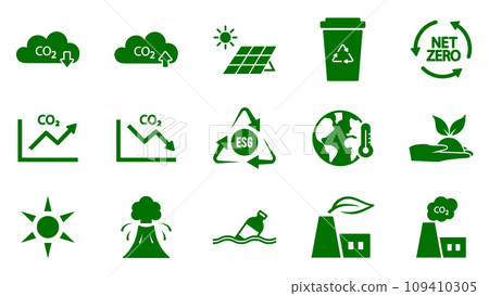 Icon collection with zero emissions esg symbol concept. greenhouse gas carbon credit design set. protect ecological green vector glyph. carbon net zero neutral natural. carbon footprint art pictogram 109410305