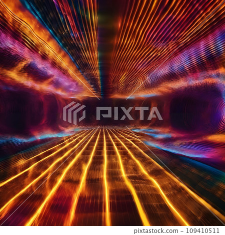 AI-generated content. A digital illustration of colorful lights in a futuristic tunnel. 109410511