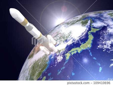 Rockets for launching artificial satellites and space probes, and Japan (3DCG image) sun ant in the background 109410696
