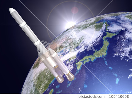 Rockets for launching artificial satellites and space probes, and Japan (3DCG image) sun ant in the background Rockets for launching artificial satellites and space probes, and Japan (3DCG image) sun ant in the background 109410698