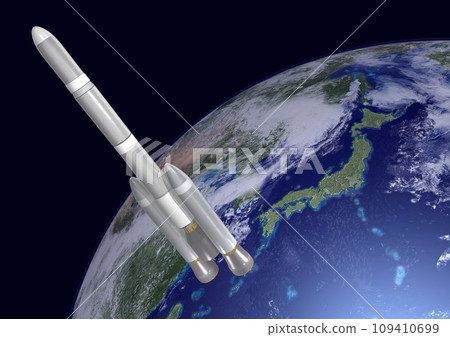用於發射人造衛星和太空探測器的火箭,以及沒有太陽的背景中的日本(3DCG 圖像) 用於發射人造衛星和太空探測器的火箭,以及沒有太陽的背景中的日本(3DCG 圖像) 109410699