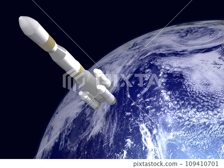 用於發射人造衛星和太空探測器等的火箭以及沒有太陽的背景中的地球（3DCG圖像） 109410701