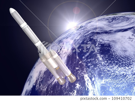 用於發射人造衛星和太空探測器等的火箭以及背景中的地球（3DCG 圖像）和太陽螞蟻 109410702