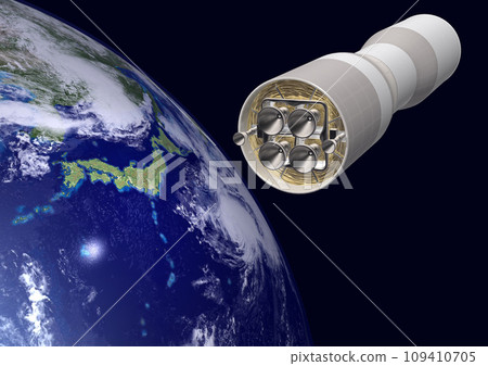 A detached part of a rocket carrying artificial satellites and probes, and Japan in the background (3DCG image) without the sun A detached part of a rocket carrying artificial satellites and probes, and Japan in the background (3DCG image) without the sun 109410705