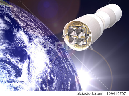The detached part of a rocket that carries artificial satellites and probes, and the earth (3DCG image) and the sun in the background The detached part of a rocket that carries artificial satellites and probes, and the earth (3DCG image) and the sun in the background 109410707