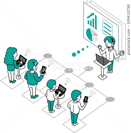 網路研討會/線上培訓課程/簡報會的圖像插圖（綠色） 109410798