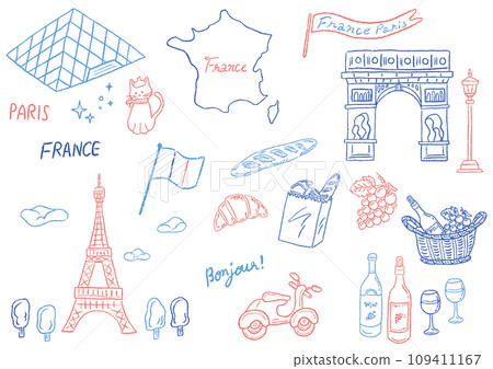 受法國啟發的時尚手繪線條畫插圖符號集 109411167