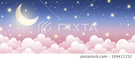 Night sky background. Starry dark gradient space. Crescent moon and clouds dreamy scene. Vector cute landscape panorama. Magic midnight illustration Night sky background. Starry dark gradient space. Crescent moon and clouds dreamy scene. Vector cute landscape panorama. Magic midnight illustration 109411352