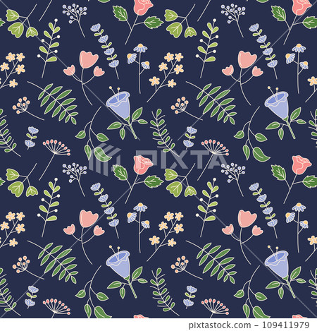 Floral seamless pattern. Vector cute hand drawn flowers and leaves on dark background. Decorative plants repeat illustration 109411979