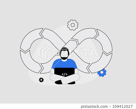 DevOps web concept. Collaborative software creation and communication. Modern development and management processes. Web developer sitting with laptop vector illustration isolated on white background 109412027