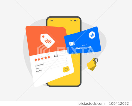 E-commerce trends shopping. Social Commerce, Sustainable Packaging, Research Online and Purchase Offline. Mobile phone with shopping bag, discount tag and bank card payment. Vector illustration E-commerce trends shopping. Social Commerce, Sustainable Packaging, Research Online and Purchase Offline. Mobile phone with shopping bag, discount tag and bank card payment. Vector illustration 109412032