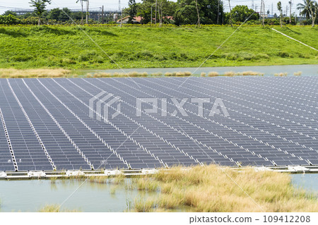 View of the floating Solar power system on the flood detention basin in Kaohsiung, Taiwan. 109412208