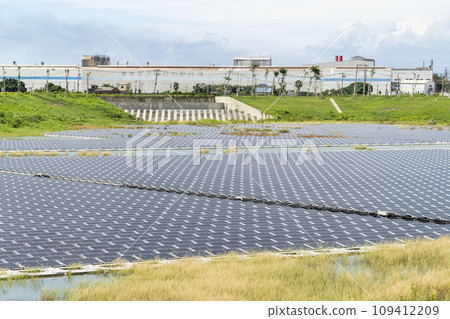 View of the floating Solar power system on the flood detention basin in Kaohsiung, Taiwan. 109412209